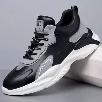 Модные весенне-осенние кожаные повседневные мужские кроссовки на шнуровке черного цвета для лифта, толстая подошва, повседневная обувь для молодых мужчин, мужские кроссовки 6.5 чёрный
