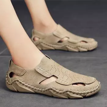 FashionSummer Classic Mens Sandals Split Leather Men Casual Shoes Outdoor Comfortable Sandals Men Fashion Walking Shoes Slip-On Loafers 38 бежевый