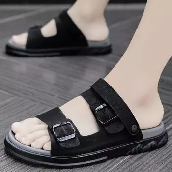 FashionSummer Clip Toe Slippers Men New Flat Beach Shoes for Man Sandale Homme Light Breathable Male Sandals Casual Men Shoes 38 чёрный