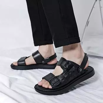 FashionSummer Fashion Mens Sandals Genuine Leather Beach Slippers Male Non-Slip Soft Comfortable Outdoor Shoes High Quality Man Sandals 38 чёрный
