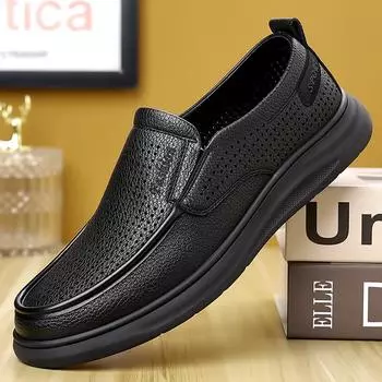 FashionSummer Genuine Leather Men Casual Shoes Versatile Formal Mens Loafers Outdoor Moccasins Breathable Slip on Man Boat Driving Shoe 38 чёрный