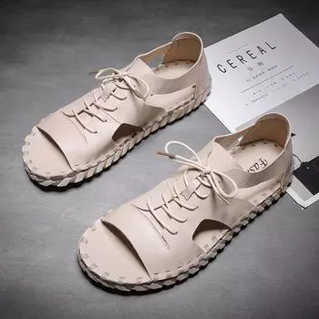 FashionSummer, хит продаж, мужская кожаная повседневная обувь, выдолбленные, крутые повседневные туфли на плоской подошве, мужские пляжные сандалии со шнуровкой, подошва ручной работы 38 чёрный