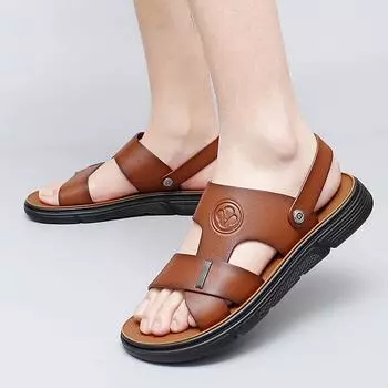 FashionSummer Men s Leather Beach Shoes Sandals Cow Quality Genuine Leather Non-slip Men s Slippers Breathable Two Uses Sandals Shoes 38 чёрный