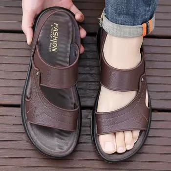 FashionSummer Men s Sandals Leather Men Slippers Gladiator Men Beach Sandals Outdoor Soft Comfortable Wading Shoes for Men Flats 6.5 чёрный