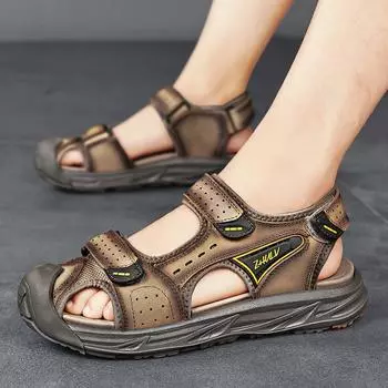 Модные летние мужские сандалии из натуральной кожи, мужские тапочки, уличные гладиаторские мужские пляжные сандалии, мягкие, удобные, для прогулок на свежем воздухе 6.5 бежевый