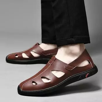 FashionSummer Men Shoes Black Slippers High Quality Men Genuine Leather Casual Shoes Loafers Flip Flops Lightweight Soft Flats Sandals 38 чёрный