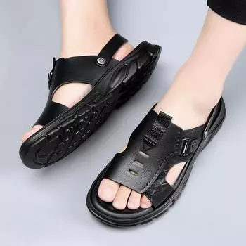 FashionSummer Мужской бутик высококачественных повседневных сандалий из коровьей кожи с верхним слоем, новые мужские пляжные туфли с открытым носком и мягкой подошвой из латекса 38 чёрный