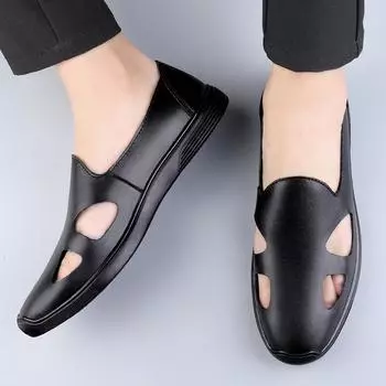 FashionSummer New Breathable Mens Loafers Moccasins Slip on Driving Outdoor Shoe Man Classic Sandals Genuine Leather Men Casual Shoes 37 чёрный