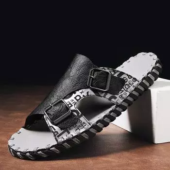 FashionSummer sandals handmade sewing Cool High Quality beach Slippers for Men Shoes Leather Fashion Antiskid Sandals men 6.5 бежевый