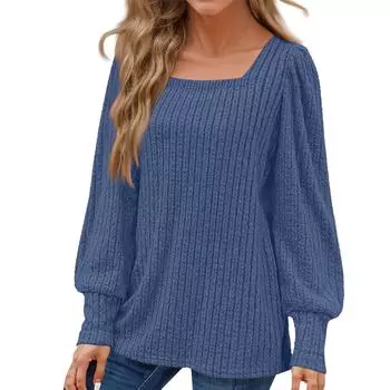 FashionSweaters Для женщин Легкие свободные топы-туники с квадратным вырезом и рукавами-фонариками L синий