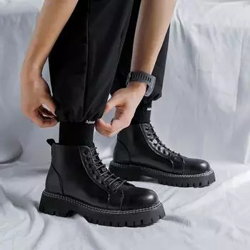 Модные мужские мотокроссовые ботинки с толстой подошвой, повседневная обувь для мужчин с высоким верхом, 2024, стильные мужские ботильоны, универсальные базовые ботинки для мужчин 38 чёрный