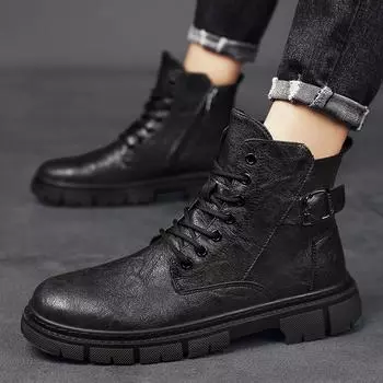 FashionWinter High top Boots Fashion Boots Leather Ankle Boots Double Side Zipper Non-slip Shoes Men Platform Boots Zapatos De Hombre 39 чёрный