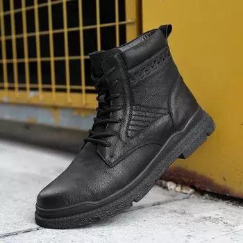 FashionWinter Hot Selling Men s Genuine Leather Boots Lace Up Work Clothes Boots Warm Velvet Cotton Boots Men s Business Boots 38 чёрный