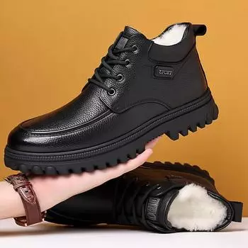 Модные зимние ботинки для снега, мужская обувь, мех, теплая, повседневная, из натуральной кожи, на платформе, до щиколотки, дизайнерская, роскошная, ковбойская, тактическая, челси, походная обувь 38 чёрный