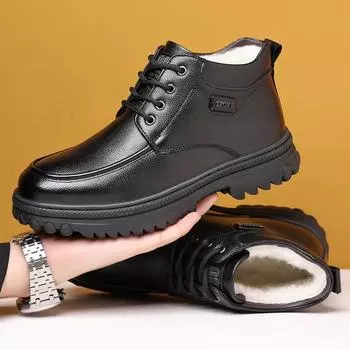 FashionWinter Warm Cow Leather Cotton Shoes for Men Fashion Casual Black Designer Snow Boots Men High Top Platform Shoes Boots Male 38
