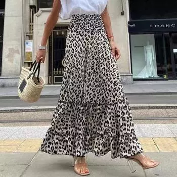 Fashoin с леопардовым принтом, повседневная длинная юбка для женщин, большие размеры, с высокой талией, элегантные свободные женские юбки, винтажные простые женские юбки с оборками 24512 S