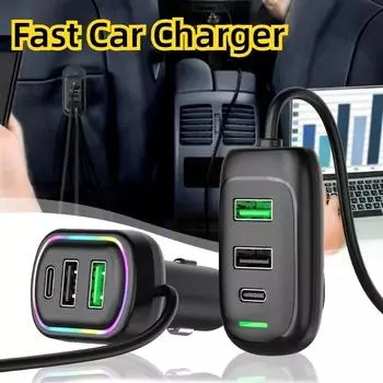 Fast Car Charger 6-Ports 48W USB Type-C Front and Rear Extension with RGB Light PD Fast Charging Power Adapter for Phone Laptop чёрный