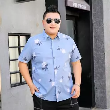 Fat Man Fat Plus Размер Рубашка с короткими рукавами и лацканами Fat Man Oversized Популярная рубашка Fat Man Летняя одежда с воротником 3XL синий