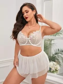 Fat MM эротическое нижнее белье с вышивкой, комплект с открытой спиной, сексуальный прозрачный кружевной комплект 1XL