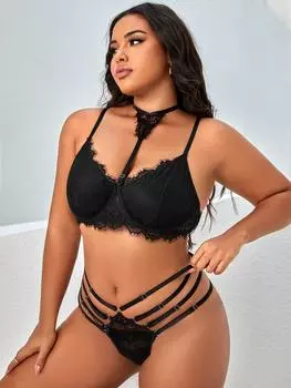 Fat MM большого размера с трехточечной вышивкой и воротником-подвязкой, сексуальный кружевной комплект 1XL