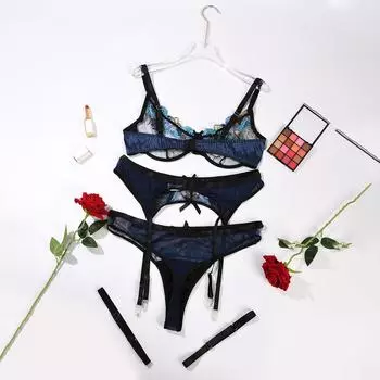 Fat MM большого размера, вышитое стальное кольцо, цельный комплект с поясом для чулок, сексуальный прозрачный кружевной комплект S