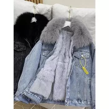 Fat mm большой размер женская одежда ретро бархатная джинсовая куртка женская зимняя новая утолщенный меховой воротник теплая хлопковая одежда прилив 2XL recommends 120-75kg