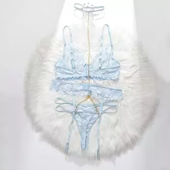 Толстый ММ эротическое нижнее белье цельный металлическая цепочка халтер пижама сексуальный прозрачный кружевной комплект 1XL