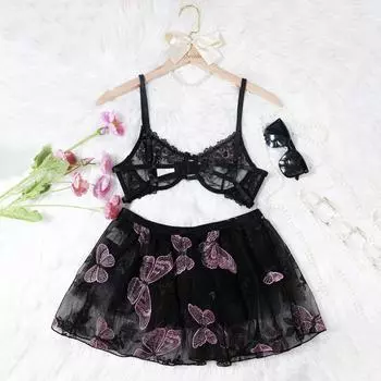 Толстый ММ эротическое нижнее белье из трех частей сетчатое полупрозрачное сексуальное искушение сексуальная короткая юбка комплект нижнего белья S