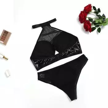 Fat MM сексуальный кожаный бюстгальтер с открытой спиной, соблазнительный костюм с тремя точками, эротическое нижнее белье 1XL