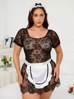 Fat MM сексуальное нижнее белье перспектива костюм горничной сексуальный прозрачный кружевной бретелька через шею ночная рубашка 1XL