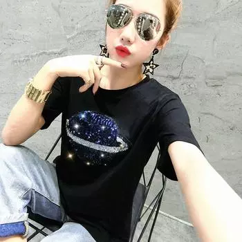 Fat Sister Sequin Machine Embroidery 100.00kg T-shirt Black 3XL
