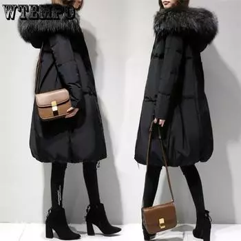 Fat Sister Зимняя хлопковая одежда для женщин в длинной секции больших размеров для женщин с большими волосатыми воротниками для толстых девушек с пуховым воротником S чёрный