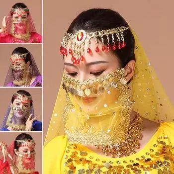 Фата для выступлений, декорированная пайетками, прозрачная кружевная фата для танца живота, фата для лица в стиле индийского танца, аксессуар для костюма на Хэллоуин красный