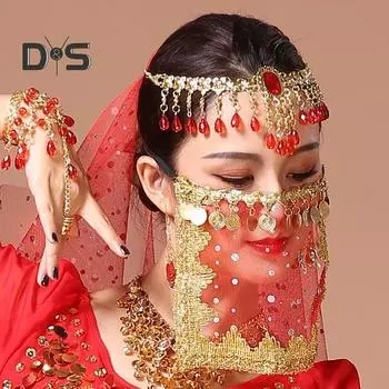 Фата для выступлений, декорированная пайетками, прозрачная кружевная фата для танца живота, фата для лица в стиле индийского танца, аксессуар для костюма на Хэллоуин красный