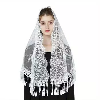 Фата мантилья цвета слоновой кости в форме буквы D для женщин, мягкая кружевная повязка на голову для католической мессы, винтажная накидка Богоматери Гваделупской чёрный