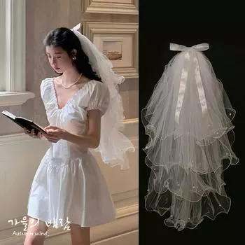 Фата Сертификат Регистрационное предложение Бант Жемчужина Пушистая пряжа Свадебный головной убор Фото Реквизит