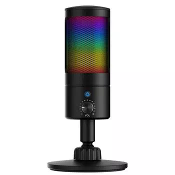 Faunow Condenser Microphone for RGB Cardioid Polar Plug Volume Headphone Ideal for YouTube Live Web and Game Commentary PC, Light, One-Touch Mute, чёрный