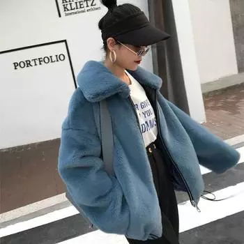 Faux Fur Coat Thickening Autumn Winter Coat Casual Large Size Women s Jacket Faux Rabbit Fur Coat S синий