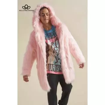 Мужская куртка из искусственного меха средней длины с капюшоном и ушками, розовое высококачественное длинное пальто с рисунком из мультфильма, пальто из искусственного меха S