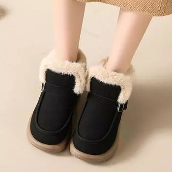 Искусственный мех утолщенные плюшевые зимние сапоги женские зимние нескользящие теплые ботильоны женские большие размеры 42 без застежек на плоской подошве теплые хлопковые ботинки 35 чёрный