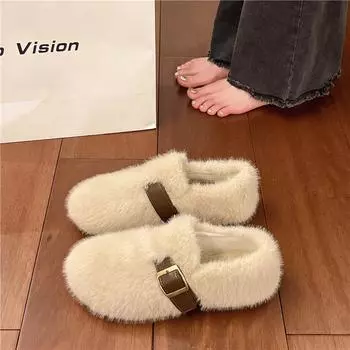 Faux Fur Women Casual Female Sneakers White Leather Shoes Slip-on Loafers Fur Soft Moccasin Slip on New Winter Soft Ballet Flats 35 хаки