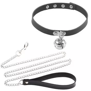 Faux Leather Collar Bell with Lead Cosplay 2 Piece Set SM Goods Chain Human Black Choker Stylish Cute Landmine Punk Black [MONEON]
