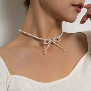 Faux Pearl Choker Necklace with Adjustable Fit Bow Design Short Necklace Formal Events серебряный