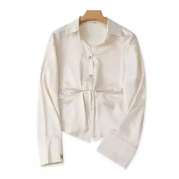 Faux Silk Shirt Spring & Fall New Arrival Long Sleeves Easiest for Match Slimming Pullover Shirt Women s Lace up Fashion Tops 18103 Beige L