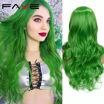 FAVE волосы синтетические парики зеленый светло-серый цвет термостойкое волокно длинные волнистые для женщин средняя часть парик для вечеринки 28inches