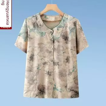 Fazeya Hengyuanxiang Grandma Summer Ice Silk Shirt Middle-Aged and Elderly Women Ladieswear Short Sleeve Suit Women Tops Green [single coat]] 2XL