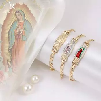 FB0286 женские браслеты из 14-каратного золота Oro Y Brazaletes Virgen De Guadalupe Figaro цепочка Девы Марии религиозные украшения 19.5CM