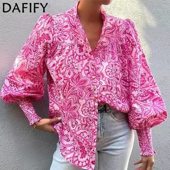 Fd1185 Весенняя женская рубашка с принтом и воротником-пузырем с отворотом и длинным рукавом с принтом S