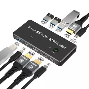FDBRO 2-портовый 8K HDMI KVM-переключатель 2 входа 1 выход 4 порта USB для совместного использования 2 ПК на 1 диск 2.1 8K@60Гц 4K@120Гц 3.0 Монитор, клавиатура/мышь/U чёрный
