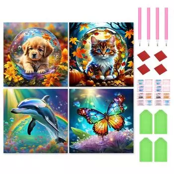 FE# 4pcs 5D DIY Full Round Drill Diamond Painting Animal Kit Home Decor Art 30x3
